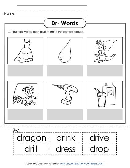 Cut and Glue Activities - Cut and Glue (Dr- Words) (Printable PDF Worksheet)