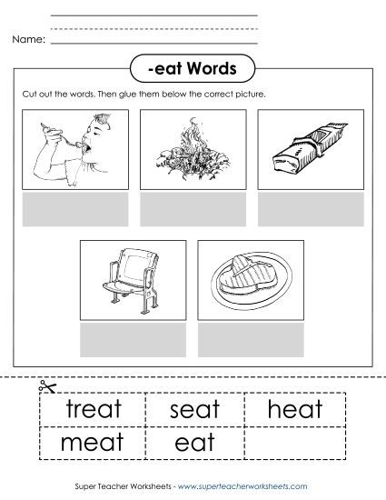Worksheets - Cut and Glue (-eat) (Printable PDF Worksheet)