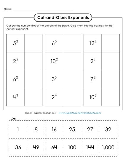 Exponents w/ Whole Numbers as a Base - Cut-and-Glue: Exponents (Printable PDF Worksheet)