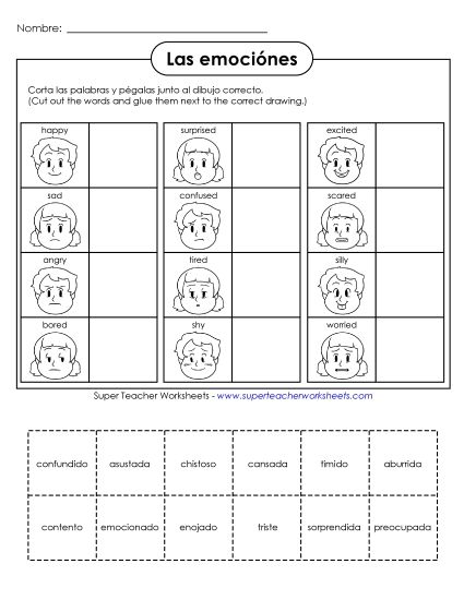 Feelings/Emotions (Sentimientos/Emociones) - Cut & Glue: Feelings/Emotions (Printable PDF Worksheet)
