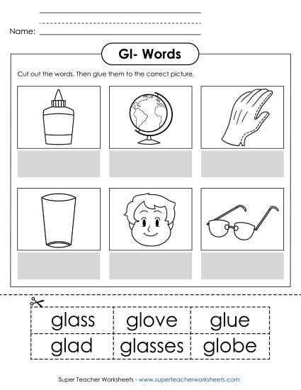 Cut and Glue Activities - Cut and Glue (Gl- Words) (Printable PDF Worksheet)