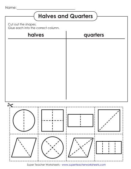 Halves & Quarters (Mixed) - Cut and Glue: Halves and Quarters (Printable PDF Worksheet)