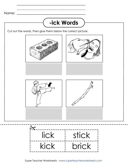 Worksheets - Cut and Glue (-ick) (Printable PDF Worksheet)