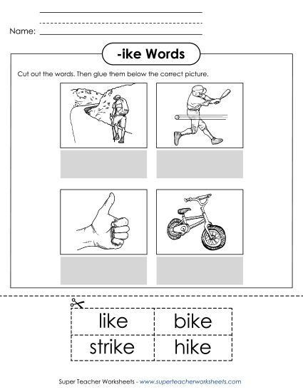 Worksheets - Cut and Glue (-ike) (Printable PDF Worksheet)