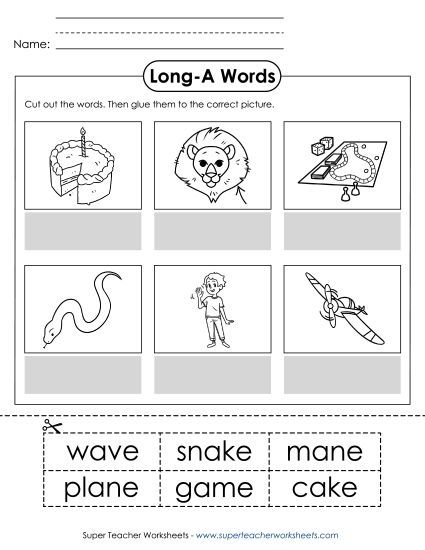 Cut & Glue Activities - Cut-and-Glue (Long A Words) (Printable PDF Worksheet)