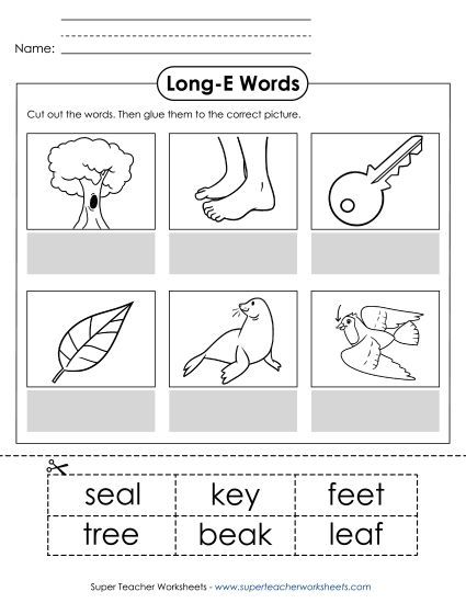 Cut and Glue Activities - Cut-and-Glue (Long E Words) (Printable PDF Worksheet)