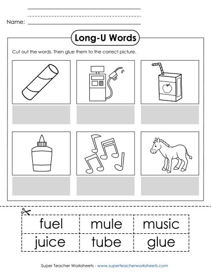 Cut and Glue Activities - Cut-and-Glue (Long U Words) (Printable PDF Worksheet)