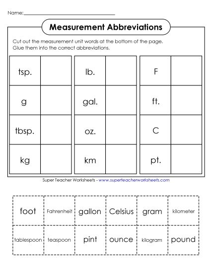 Measurement Abbreviations - Cut-and-Glue: Measurement Abbreviations (Printable PDF Worksheet)