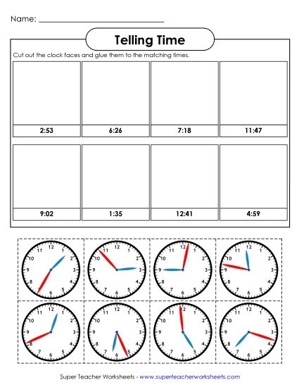 Reading Clocks: Nearest Minute - Cut & Glue - Nearest Minute (Printable PDF Worksheet)