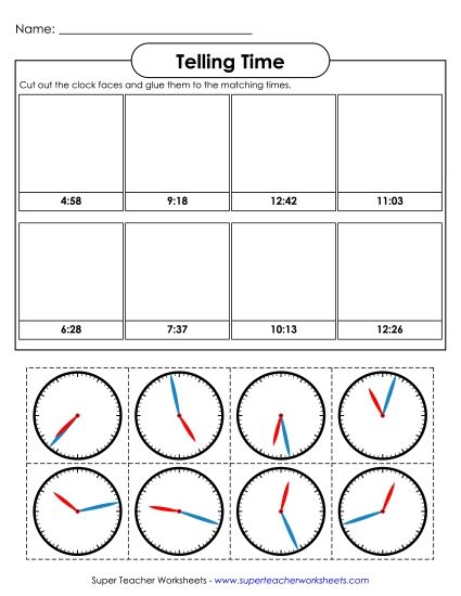 No Numbers on Clock Faces (Advanced) - Cut & Glue - Nearest Minute with No Numbers on Clock Faces (Printable PDF Worksheet)