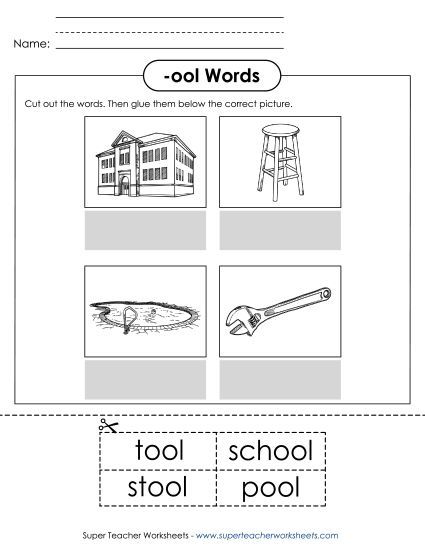 Worksheets - Cut and Glue (-ool) (Printable PDF Worksheet)