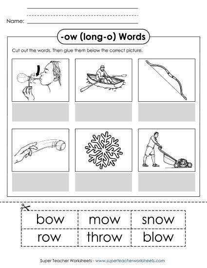 Long-O Sound (as in Grow) - Cut and Glue (-ow) (Printable PDF Worksheet)