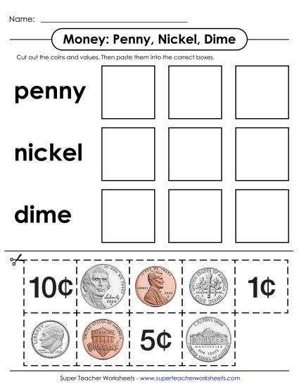 Pennies, Nickels, & Dimes (No Quarters) - Cut and Glue: Pennies, Nickels, Dimes (Printable PDF Worksheet)