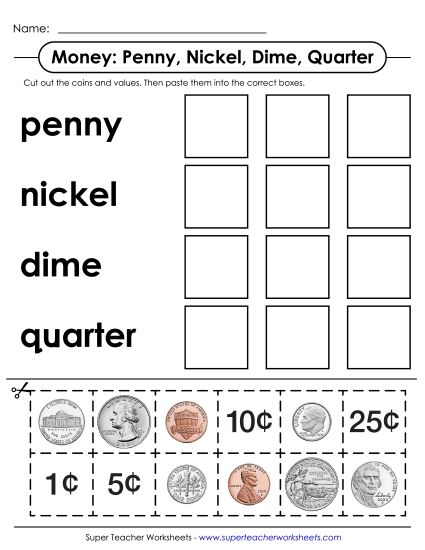 Pennies, Nickels, Dimes, Quarters - Cut and Glue: Pennies, Nickels, Dimes, Quarters (Printable PDF Worksheet)