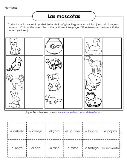 Pets (Mascotas) - Cut-and-Glue: Pets (Printable PDF Worksheet)