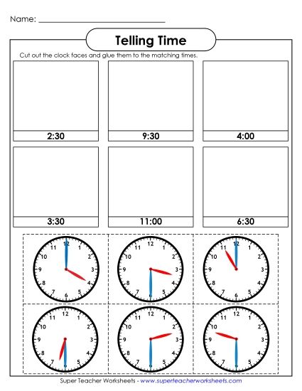 Reading Clocks: Nearest Half Hour - Cut and Glue (Printable PDF Worksheet)