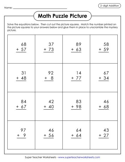Worksheets (2-Digit Addends) - Cut-and-Glue Puzzle: Rocket Ship (Printable PDF Worksheet)