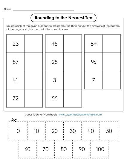 Nearest Ten 2-Digit Numbers - Cut-and-Glue: Rounding to Nearest 10 (Printable PDF Worksheet)