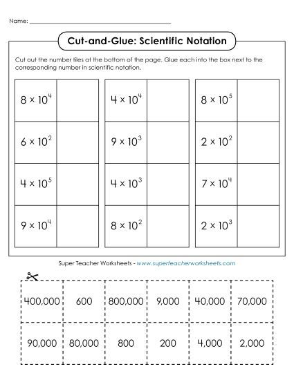 Level: Basic Whole Numbers - Cut-and-Glue: Scientific Notation (Printable PDF Worksheet)