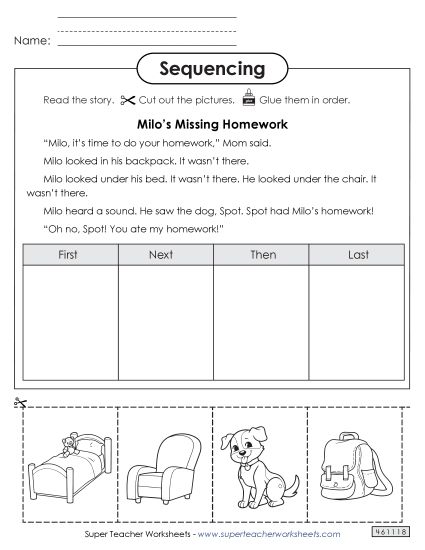 Sequencing Stories - Cut-and-Glue Sequencing Story:  Milo's Missing Homework (Printable PDF Worksheet)
