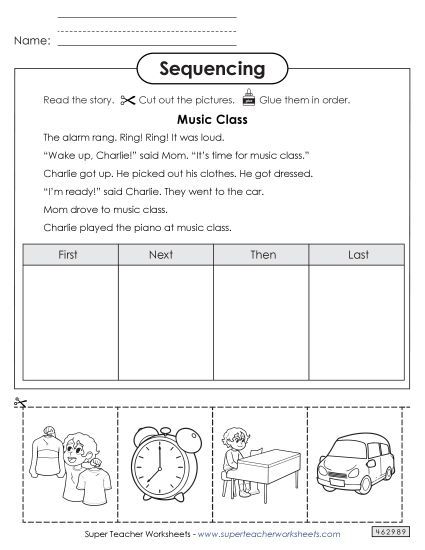 Sequencing Stories - Cut-and Glue Sequencing Story: Music Class (Printable PDF Worksheet)