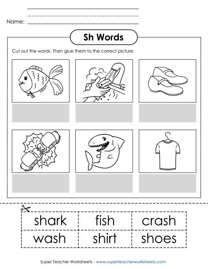 Cut and Glue Activities - Cut-and-Glue (Sh Words) (Printable PDF Worksheet)