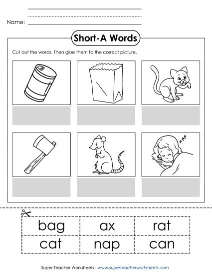 Cut & Glue Activities - Cut-and-Glue (Short A Words) (Printable PDF Worksheet)