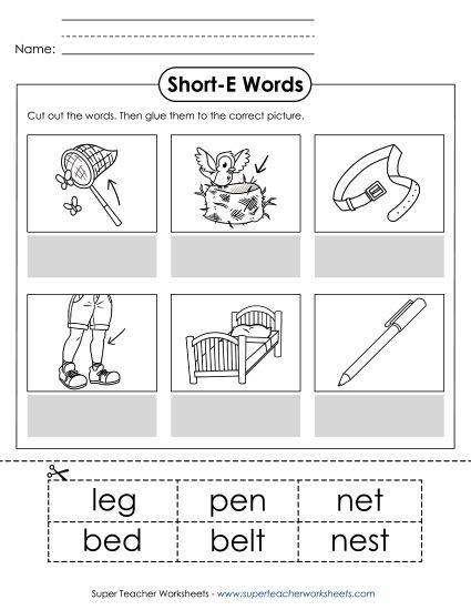 Cut & Glue Activities - Cut-and-Glue (Short E Words) (Printable PDF Worksheet)