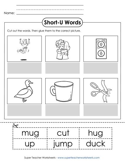 Cut & Glue Activities - Cut-and-Glue (Short U Words) (Printable PDF Worksheet)
