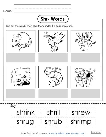 Cut-and-Glue Activities - Cut and Glue (Shr- Words) (Printable PDF Worksheet)