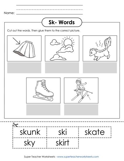 Cut and Glue Activities - Cut-and-Glue (Sk- Words) (Printable PDF Worksheet)