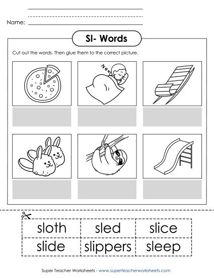 Cut and Glue Activities - Cut and Glue (Sl- Words)  (Printable PDF Worksheet)