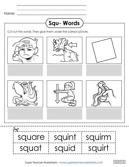 Cut-and-Glue Activities - Cut and Glue (Squ- Words) (Printable PDF Worksheet)