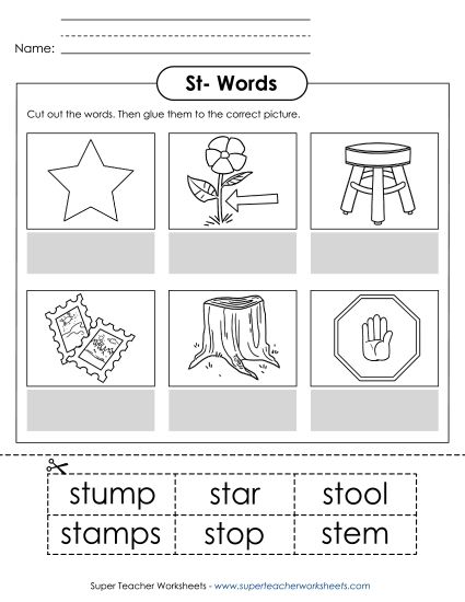 Cut and Glue Activities - Cut and Glue (St- Words) (Printable PDF Worksheet)