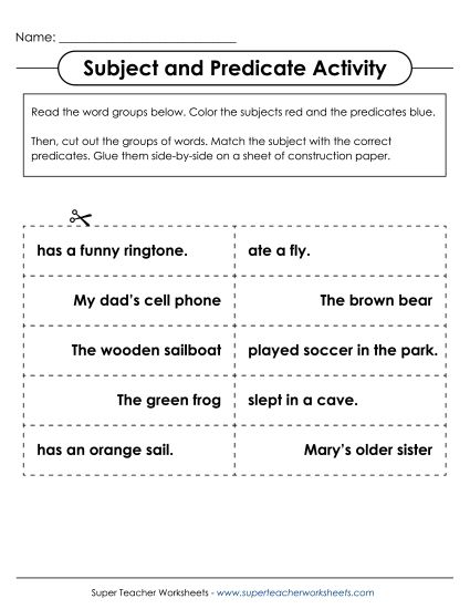 Subjects & Predicates - Cut & Glue Subject/Predicate Activity (Printable PDF Worksheet)