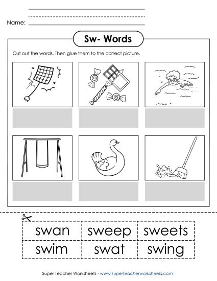 Cut and Glue Activities - Cut-and-Glue (Sw- Words) (Printable PDF Worksheet)