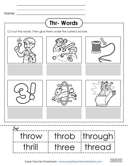 Worksheets - Cut and Glue (Thr- Words) (Printable PDF Worksheet)