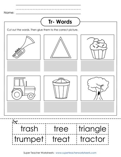 Cut and Glue Activities - Cut and Glue (Tr- Words) (Printable PDF Worksheet)