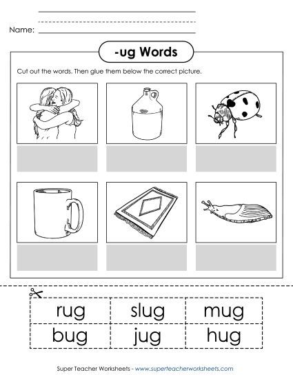 Worksheets - Cut and Glue (-ug) (Printable PDF Worksheet)