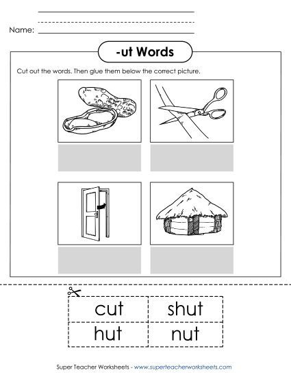 Worksheets - Cut and Glue (-ut) (Printable PDF Worksheet)