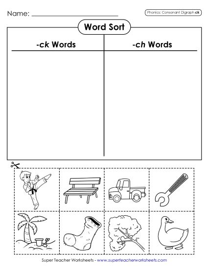 CK and CH Mixed - Cut-and-Glue Word Sort including Ck Words (Printable PDF Worksheet)