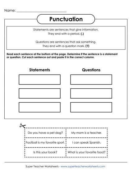 Periods, Question Marks, Exclamation Points - Cut and Paste Punctuation 1 (Printable PDF Worksheet)
