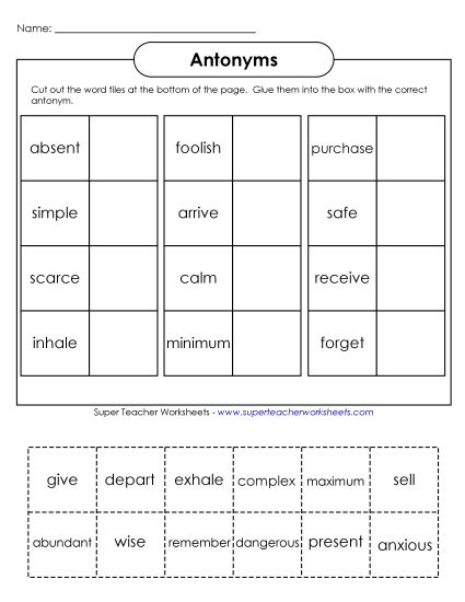 Antonyms - Cut & Glue Antonyms (Intermediate) (Printable PDF Worksheet)