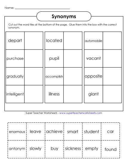 Synonyms - Cut & Glue Synonyms (Intermediate) (Printable PDF Worksheet)