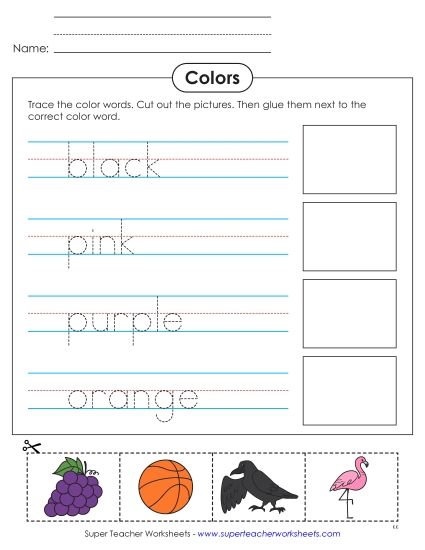 Multiple Colors - Cut, Glue, and Trace: Black, Pink, Purple, and Orange (Printable PDF Worksheet)