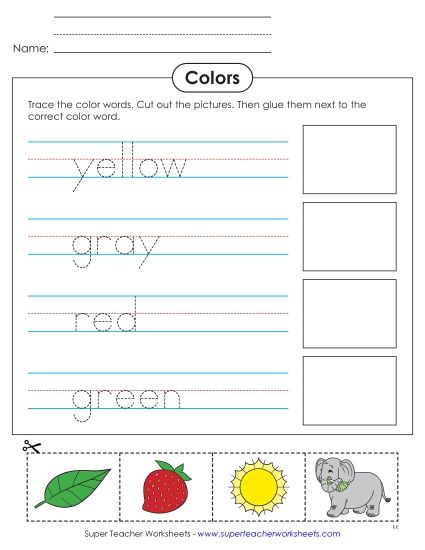 Multiple Colors - Cut, Glue, and Trace: Yellow, Gray, Red, and Green (Printable PDF Worksheet)