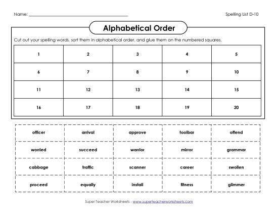 Alphabetical Order - Cut n' Glue (D-10) (Printable PDF Worksheet)