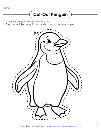 Cut Out Pictures (Large; Easier) - Cut-Out Penguin (Printable PDF Worksheet)