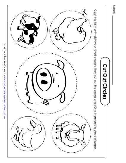 Cutting Circles - Cutting Farm Animal Pictures (Printable PDF Worksheet)
