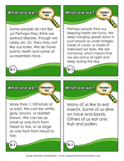 4th Grade - D1 - Bats (Printable PDF Worksheet)